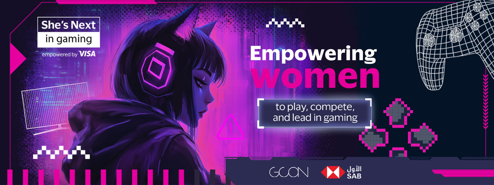 Girl in a hoodie with cat ears and neon headphones against a pink-purple digital background. Text reads: "Empowering women to play, compete, and lead in gaming."