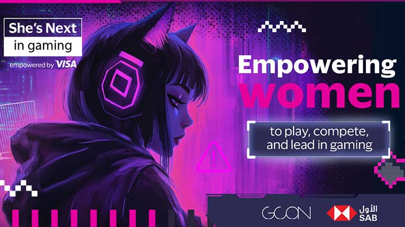 Girl in a hoodie with cat ears and neon headphones against a pink-purple digital background. Text reads: "Empowering women to play, compete, and lead in gaming." Logos included.