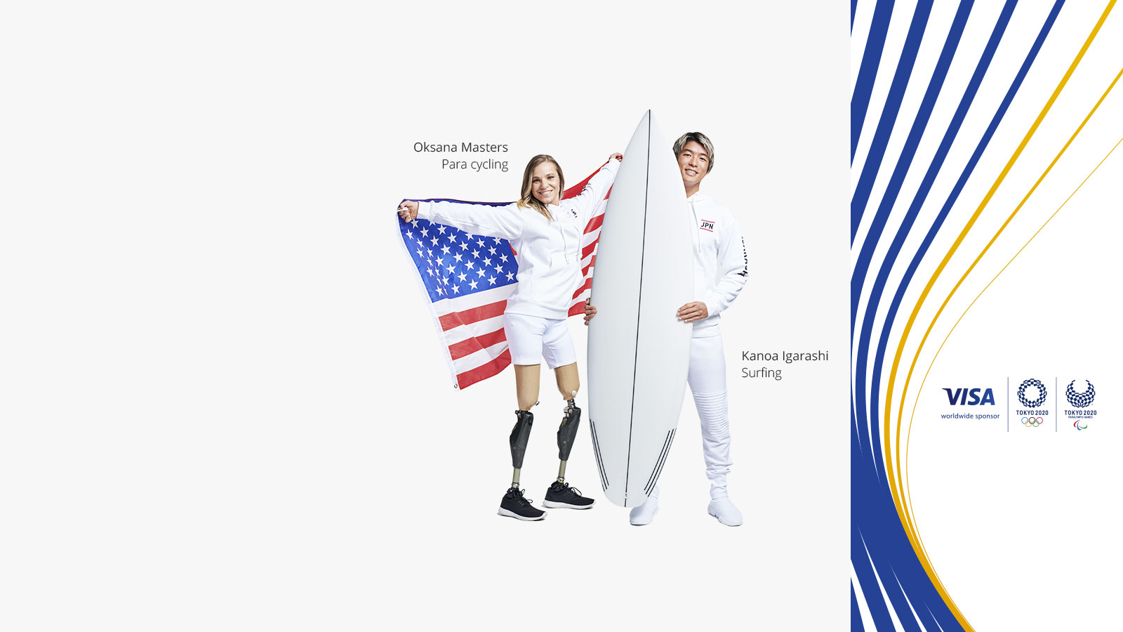 Paralympian Oksana Masters and Olympian Kanoa Igarshi next to the Visa logo, and the Tokyo 2020 Olympics and Paralympics logos.