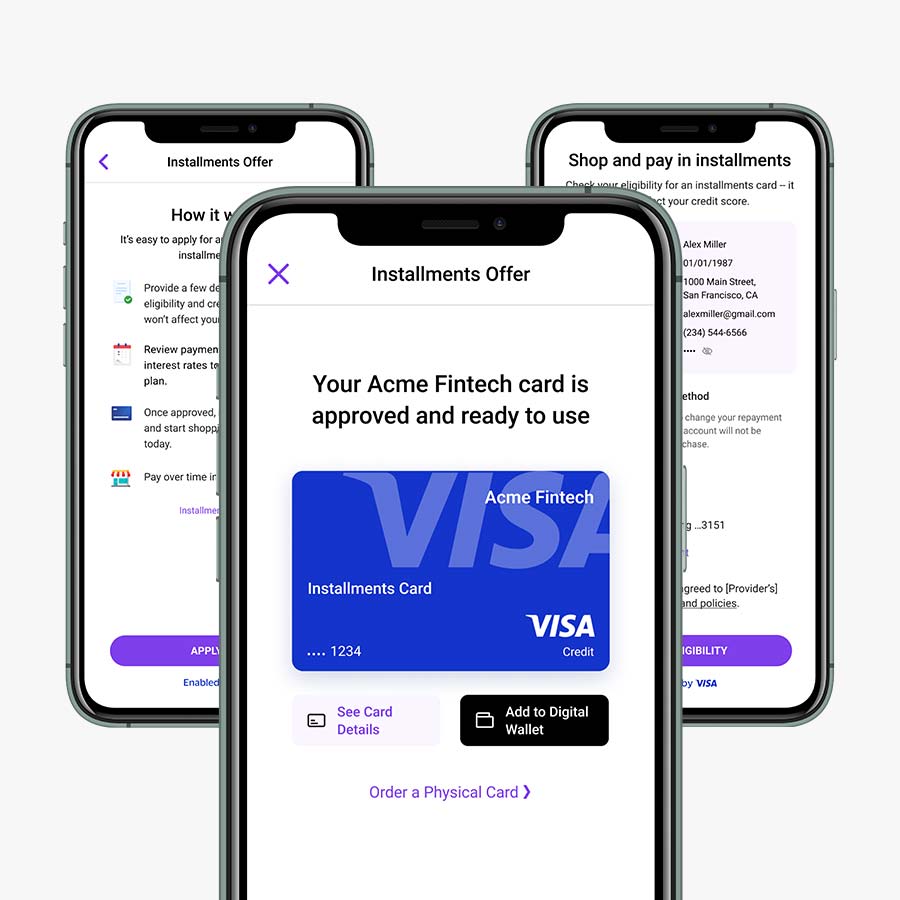 visa-flexible-credential-screens-900x900 Collage of three smartphone screens showing Virtual Card, how Installments works and payment details.