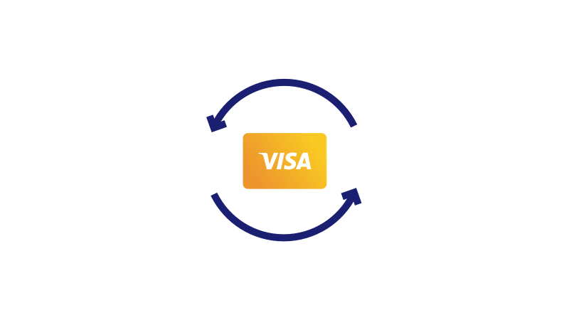 Illustration of a Visa card circled by two blue arrows.