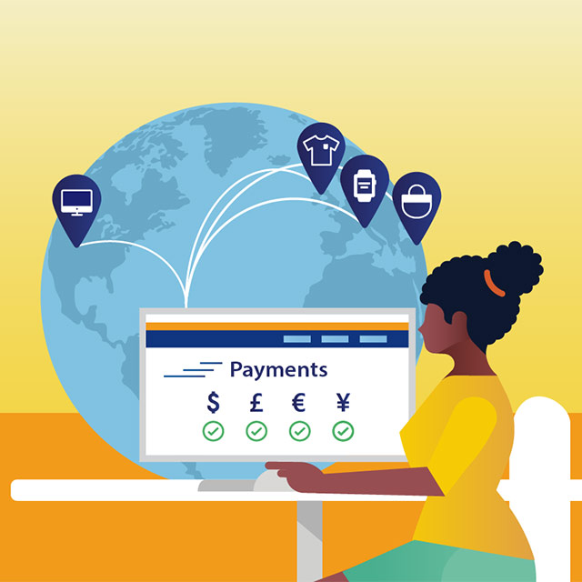 A conceptual illustration that depicts a woman sending payments across the globe from her computer.