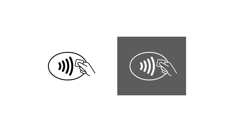 On left, Contactless symbol on white background. On right, Contactless symbol on dark grey background.